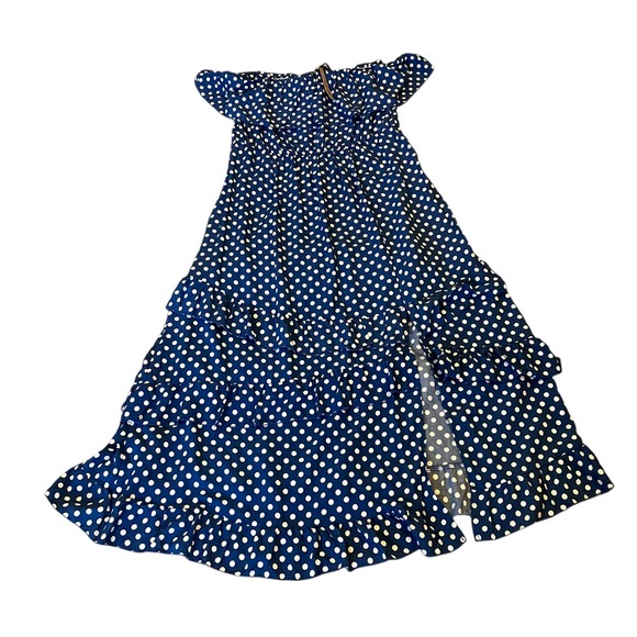 Coco‎ Carmen Blue White Polka Dot Off Shoulder Tiered Ruffle Maxi Dress L XL NWT - Picture 2 of 7